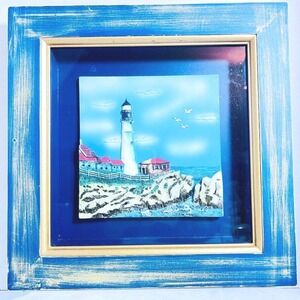 Lighthouse Coastal 3D Wall Art 12X12" In Distressed Blue & Gold Frame Shadow Box